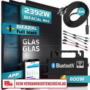 SUNNIVA ® Balkonkraftwerk FULL BLACK BIFACIAL GLAS GLAS 2392W/800W Solaranlage mit 800W Astro Energy Micro Wechselrichter Wifi Bluetooth, upgradebar drosselbar, 4x460W Bifaziale Solarmodule, 5m Kabel 