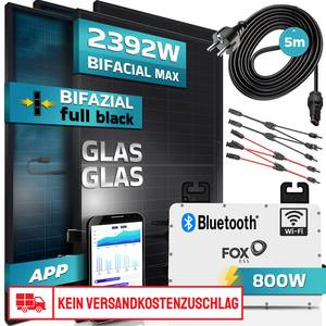 SUNNIVA ® Balkonkraftwerk FULL BLACK BIFACIAL GLAS-GLAS 2392W/800W Solaranlage mit 800W Fox ESS Micro Wechselrichter Wifi, 4x460W Solarmodule, 5m Kabel,Photovoltaikanlage, Bifaziale 