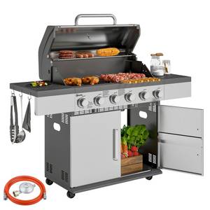 Outsunny Gasgrill inkl 6 Edelstahl-Brenner, Rolle, Thermometer, Seitenablage, Gartengrill aus Edelstahl, 8500BTU Grillwagen, für Balkon, Camping-Grill 141 x 55 x 110 cm 