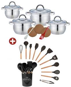 KESSMANN Topf-Set 4 Kochtöpfe, 4 Deckel & Küchen Zubehör + Kochbesteck Set 12 teilig, Edelstahl 18/10 (1 Pfannenwender, 3 Kork Untersetzer, 1 Kochlöffel Antihaftbeschichtet, 25-tlg., Organizer Kochutensilien Küchenhelfer Set Kochgeschirr), Schneebesen, Ke 