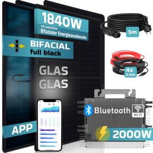 SUNNIVA ® 1840W Balkonkraftwerk BIFAZIAL FULLBLACK komplett Steckdose DEYE 2000 Watt Wechselrichter, Solaranlage Komplettset, 4x 460W N-Type Glas-Glas Bifacial Solarmodule, 5m Kabel, 4x 2.5m Solarkabel 