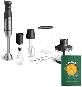 Springlane Stabmixer Set Sam aus Edelstahl inkl. inkl. Pürierstab, Behälter mit Deckel, 800,00 W, Zerkleinerer, Schneebesen, Rühr- & Knethaken, Aufbewahrungstasche 