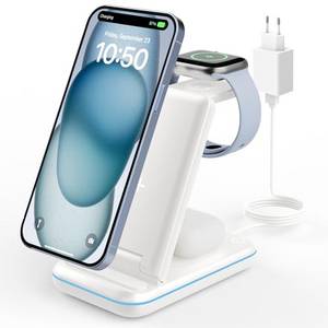  JoyGeek 3 in 1 Kabelloses Ladegerät, Faltbar Wireless Charger für i Phone 15/14/13/12/11/Pro Max/X, Induktive Handy Ladestation für iWatch 9/Ultra/SE/8/7/6/5/4, AirPods 2/3/Pro,mit QC Adapter, Weiß 