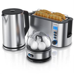 Arendo Frühstücks-Set (3-tlg), Wasserkocher 1,5l, 4-Scheiben Toaster, 7er Eierkocher, Silber 