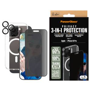 CARE by PanzerGlass Displayschutzglas »3-in-1 Privacy Protection, Glass, Hoops, Case«, für Apple iPhone 16 Pro, Displayschutzfolie, Schutzfolie, Bildschirmschutz, kratz- & stoßfest 