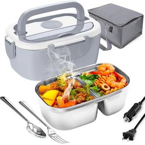 ZEUOPQ Elektrische Lunchbox 3 in 1 Elektrische Lunchbox, Lunchbox Brotdose aus Edelstahl grau, (Auskleidung aus Edelstahl 304, 1,5 L Großes, 1-tlg., isolierte Lunchbox für Zuhause und Auto), schnelles Erhitzen von Speisen, Design mit zwei Fächern 