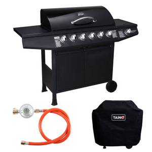 Taino Gasgrill »BASIC 6+1«, Set, Gasgrill mit Abdeckhaube, Gasregler und Gasschlauch, 6 Hauptbrenner aus Edelstahl, Seitenbrenner, Piezozündung, Seitenablage, Unterschrank, Schwarz 