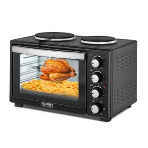 Tzs First Austria Minibackofen Mini Backofen mit Kochplatten, 30L Fassungsvermögen, 3200W, Umluft, max 230°C, Backblech, Drehspieß, Grillrost, Innenbeleuchtung 