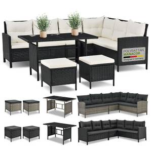 Juskys Gartenlounge Manacor schwarz - Sofa, Tisch, Hocker & Kissen - 7 Personen - Sitzbezüge Creme 
