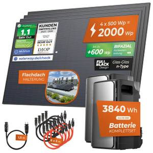 Solarway ® 2000Wp / 800W Balkonkraftwerk mit 3,8kWh Speicher komplett Steckdose - 3,8 kWh EcoFlow STREAM Ultra + AC Pro - Solaranlage Komplettset - 500W Solarmodule & EcoFlow Speicher & Zubehör - Flachdach Halterung 