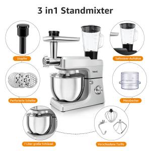 7Magic Fleischwolf Multifunktions Standmixer, 1500,00 W, 5 in 1 Küchenmaschine, 7L Schüssel, 1,5L Milchshake Becher 