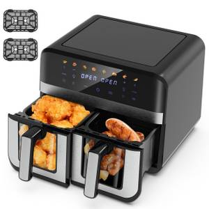 kehot Heißluftfritteuse Doppel-Heißluftfritteuse Airfryer, 2600,00 W, 8 in 1 Funktionen, Sichtfenster, Energiesparend, Schwarz 