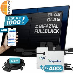 SUNNIVA ® 1000W Balkonkraftwerk BIFAZIAL FULLBLACK komplett Steckdose HOYMILES 2x 400 Watt Wechselrichter, PV Solaranlage Komplettset, 2x 500W N-Type Glas-Glas Bifacial Solarmodule, 2x 5m Kabel 