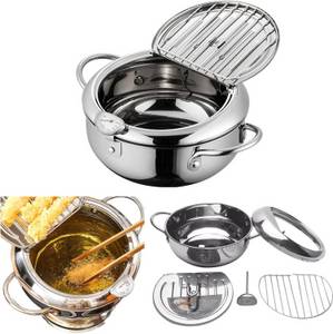 ibettertec Frittiertopf Frittiertopf, Tempura-Brattopf aus Edelstahl, Mit Thermometer, Edelstahl, Mit Öltropf-Abtropfgestell Und Deckel,Für Pommes Frites 