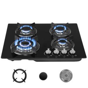 Oyajia Gas-Kochfeld Gaskochfeld Glas mit Automatischer Thermoelementschutz, Einbau Kochfeld Glas, 4 Zonen Gaskochfeld, Erdgas/Propangas, Schwarz Glasherd, 60cm, Up to 7800W 