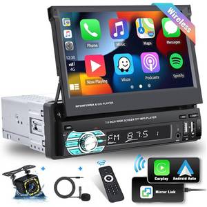 Hikity 1DIN 7-Zoll-HD-Autoplayer Einziehbar Autoradio (Mirro link, FM, BLUETOOTH, Unterstützung TF/USB/Typ C Rückfahrkamera, Kabelloses Carplay und Android Auto) 