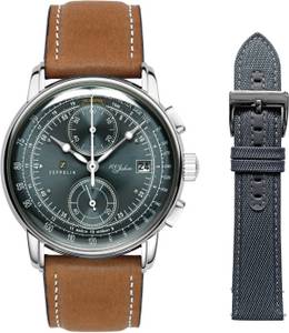 Zeppelin Chronograph »100 Jahre«, (Set, 2 tlg., Uhr mit Wechselarmband aus Leder), Quarzuhr, Armbanduhr, Herrenuhr, Made in Germany, Stoppfunktion 
