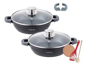 KESSMANN Topf-Set Aluguss Schmorpfannen 24cm + 28cm mit 2 Deckel Induktion Topf Set, Aluminium (Alle Herdarten, 11-tlg., 4 abnehmbare Silikon Griffe 1 Pfannenwender 1 Untersetzer 1 Löffel), Bräter Induktionsherd Pfanne Bratpfanne Topf Kochtopf Antihaft Sc 