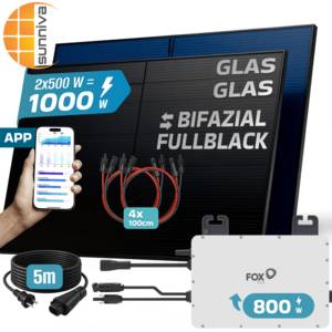 SUNNIVA ® 1300W Balkonkraftwerk 800W komplett Steckdose, FOX ESS 800W Wechselrichter, PV Solaranlage Komplettset, 2x 500W BIFAZIAL, FULL BLACK, Glas-Glas Solarmodule, inkl.5m Kabel, Bluetooth 