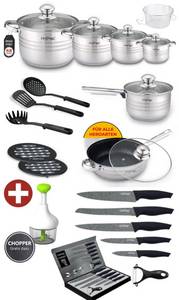 KESSMANN Topf-Set Kochtöpfen Kasserolle Bratpfanne Küchen Messerset Zerkleinerer, Edelstahl 18/10 (Multischneider Chopper Schneider Gemüseschneider Universalschneider, 25-tlg., Pfannenwender + Untersetzer + Kochlöffel + Spaghettilöffel + Sieb), + 6 teilig 