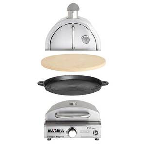 All Grills Multi-Kulti Gasgrill mit Pizzastein und Gussgrillplatte, tragbar, Ø 33 cm Pizzastein, Abmessungen 42 x 51 x 25 cm + Ø 35 cm Gusseisenpfanne und Grillhaube 