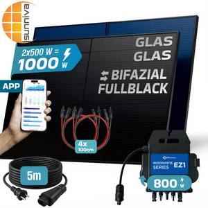 SUNNIVA ® 1000W Balkonkraftwerk BIFAZIAL FULLBLACK komplett Steckdose AP Systems EZ1-M 800 Watt Wechselrichter, Solaranlage Komplettset, 2x500W Glas-Glas Bifacial Solarmodule, 5m Kabel, 4x1m Solarkabel 