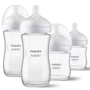 Philips Avent Babyflasche Glas-Flasche Natural, 4er Pack Baby Glas-Flaschen 120ml & 240ml mit Silikon-Sauger 