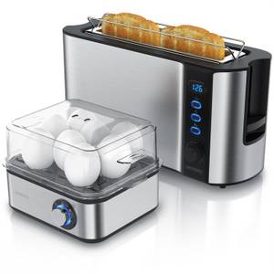 Arendo Frühstücks-Set (2-tlg), 2-Scheiben Langschlitz Toaster, 8er Eierkocher, Silber 