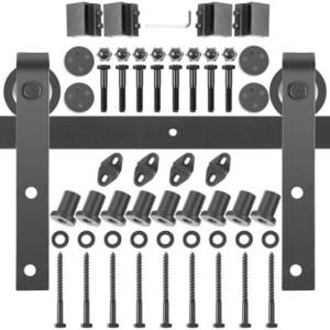 VEVOR Schiebetürbeschlag 366cm Länge Schiebetürsystem aus Kohlenstoffstahl Schiebetüren Komplettset 150kg Tragfähigkeit Laufschienen Set max. 183cm Türbreite Geeignet für Küche Scheunen Ställe Türstopper