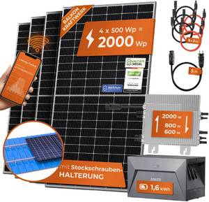 Solarway Balkonkraftwerk 2000W Komplett Steckdose mit 1,6kWh Anker Speicher - Ausgang einstellbar 600/800/2000W - 4x500W JaSolar-Module, Wechselrichter mit APP&WiFi, Plug&Play 