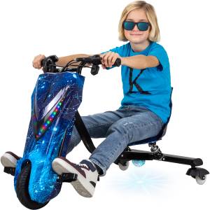 Actionbikes Motors Elektro-Drift-Trike für Kinder, Drift-Scooter, bis zu 15km/h, drosselbar, Hupe, LED-Driftrollen 360° (Space Blue) 