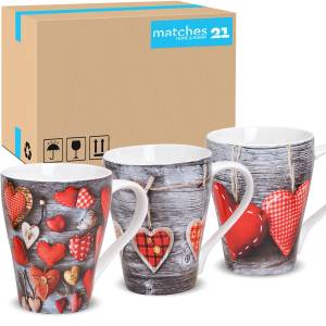 Otto matches21 HOME & HOBBY Tasse Schöne Kaffeetassen 36er Set Holz-Optik Herzen Landhaus-Stil, Porzellan, Tee Kaffee-Becher modern grau rot bunt 300 ml 