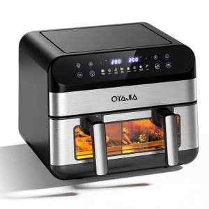 Oyajia Heißluftfritteuse Heißluftfritteuse mit Doppelkammer, 10 L Max Airfryer mit Sichtfenster, 2400,00 W, 8 in 1 Funktionen, Backofen, Dörrautomat, Grill, Warmhalten&Auftauen 