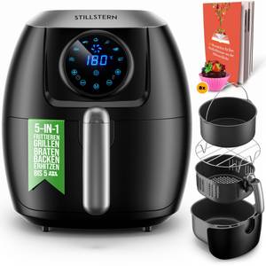 Stillstern Heißluftfritteuse FryHD 3G XL, 5L XXL, mit 7 Kochprogramme, 60 Min. Timer, Cool-Touch, LED-Display, Rezeptheft mit 120 Rezepte, Heißluftfritteuse, Schwarz 