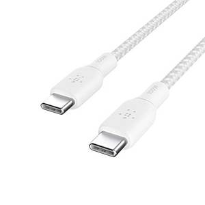  Belkin USB-C/USB-C-Kabel, 100 W Power Delivery USB-IF-zertifiziertes 2.0-Ladekabel mit doppelt geflochtenem Nylonmantel für iPad Pro, MacBook, Galaxy und andere Geräte (3 m), Weiß, Schwarz, 3M 