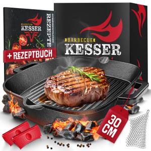 Kesser ® Gusseisenpfanne   Gusseisen Bratpfanne Induktion   Cast Iron Pan für Gasgrill, Backofen, Kohlegrill   Steakpfanne voreingebrannt   Inkl. Schutzgriffe, Rezeptbuch und Ringreiniger 