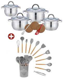 KESSMANN Topf-Set 4 Kochtöpfe, 4 Deckel & Küchen Zubehör + Kochbesteck Set 12 teilig, Edelstahl 18/10 (1 Pfannenwender, 3 Kork Untersetzer, 1 Kochlöffel Antihaftbeschichtet, 25-tlg., Organizer Kochutensilien Küchenhelfer Set Kochgeschirr), Schneebesen, Ke 