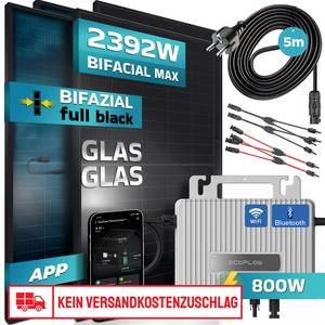 SUNNIVA ® Balkonkraftwerk FULL BLACK BIFACIAL GLAS GLAS 2392W/800W Solaranlage mit 800W Ecoflow Stream Micro Wechselrichter Wifi Bluetooth, upgradebar drosselbar, 4x460W Bifaziale Solarmodule, 5m Kabel 