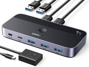  UGREEN USB Switch 2PC mit 1xUSB C Port und 3xUSB A Ports, 2 In 4 Out USB 3.0 Switcher Alugehäuse mit Desktop-Kontroller, 2 USB A auf A Kabeln für Tastatur, Maus, Drucker, Scanner, USB Stick usw. 