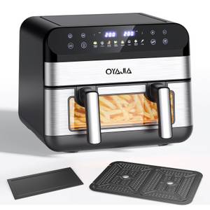 Oyajia Heißluftfritteuse Dual Zone Heißluftfritteuse mit Sichtfenster, 10L XXL Doppel-Airfryer, 2600,00 W, 8-in-1 Kochvorgaben, Touchscreen, Timer, ohne Öl und fettarmes Kochen 