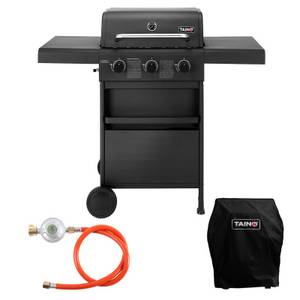 Taino Gasgrill Compact 3+0, Gasgrill mit Abdeckhaube, Gasdruckminderer und Gasschlauch, Piezozündung, Hauptbrenner aus Edelstahl, klappbare Seitentische 