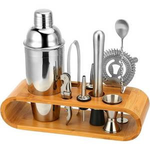 Rhein Beleuchtung Cocktail-Set cocktail shaker set, messbecher cocktail, shaker edelstahl, (1-tlg., Ideal für Whiskey, Wodka, Tequila, Gin, Rum und verschiedene Mixer), Professionelle Barkeeper-Ausrüstung, Bambus-Ständer,leicht zu reinigen 