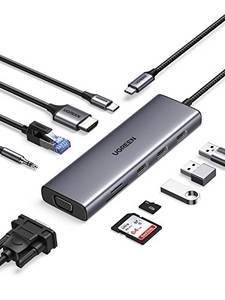  UGREEN Revodok USB C Docking Station Dual Display 10 IN 1 USB C Hub mit HDMI, VGA, 3X USB 3.0, PD 100W, Ethernet, 3.5mm Aux, SD/TF Kompatibel mit MacBook Pro/Air, Surface, Dell, Lenovo, HP usw. 