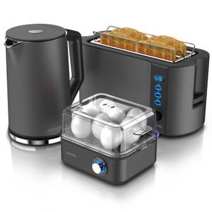 Arendo Frühstücks-Set (3-tlg), Wasserkocher 1,5l, 4-Scheiben Toaster, 8er Eierkocher, Grau 