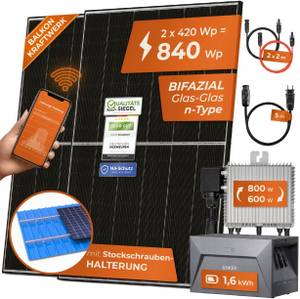 Solarway 840W Balkonkraftwerk 800W Komplett Steckdose mit 1,6kWh Anker Speicher - Ausgang einstellbar 600/800W - 2x420W Bifaziale Glas/Glas n-Type JaSolar-Module, APP&WiFi 