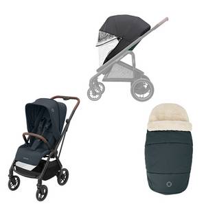 Maxi Cosi Kinderwagen Set Leona 2 Essential Graphite &  2 in 1 Winterfußsack Essential Graphite &  Komfort-Regenverdeck schwarz 