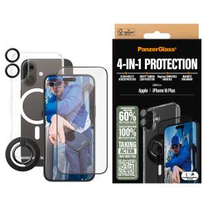 CARE by PanzerGlass Displayschutzglas »4-in-1 Protection, Glass, Hoops, Case, Ring Mount«, für Apple iPhone 16 Plus, Displayschutzfolie, Schutzfolie, Bildschirmschutz, kratz- & stoßfest 