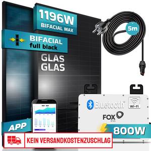 SUNNIVA ® Balkonkraftwerk FULL BLACK BIFACIAL GLAS-GLAS 1196W/800W Solaranlage mit 800W Fox ESS Micro Wechselrichter Wifi, 2x460W Solarmodule, 5m Kabel,Photovoltaikanlage, Bifaziale 