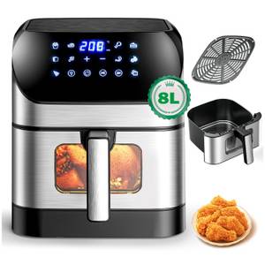 Oyajia Heißluftfritteuse 8L Airfryer mit Sichtfenster, Multifunktionale 10 Programme, Max 200℃, 1800 W, Heißluftfritteuse 95% weniger Öl, ideal zum besonders fettarmen Garen 