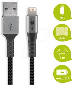 Goobay 49268 - Sync- & Ladekabel, USB-A > Lightning, 1,0 m,Textil, schwarz 